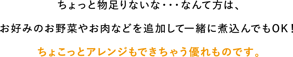 ちょっと物足りないな・・・なんて方は、お好みのお野菜やお肉などを追加して一緒に煮込んでもOK！ちょこっとアレンジもできちゃう優れものです。